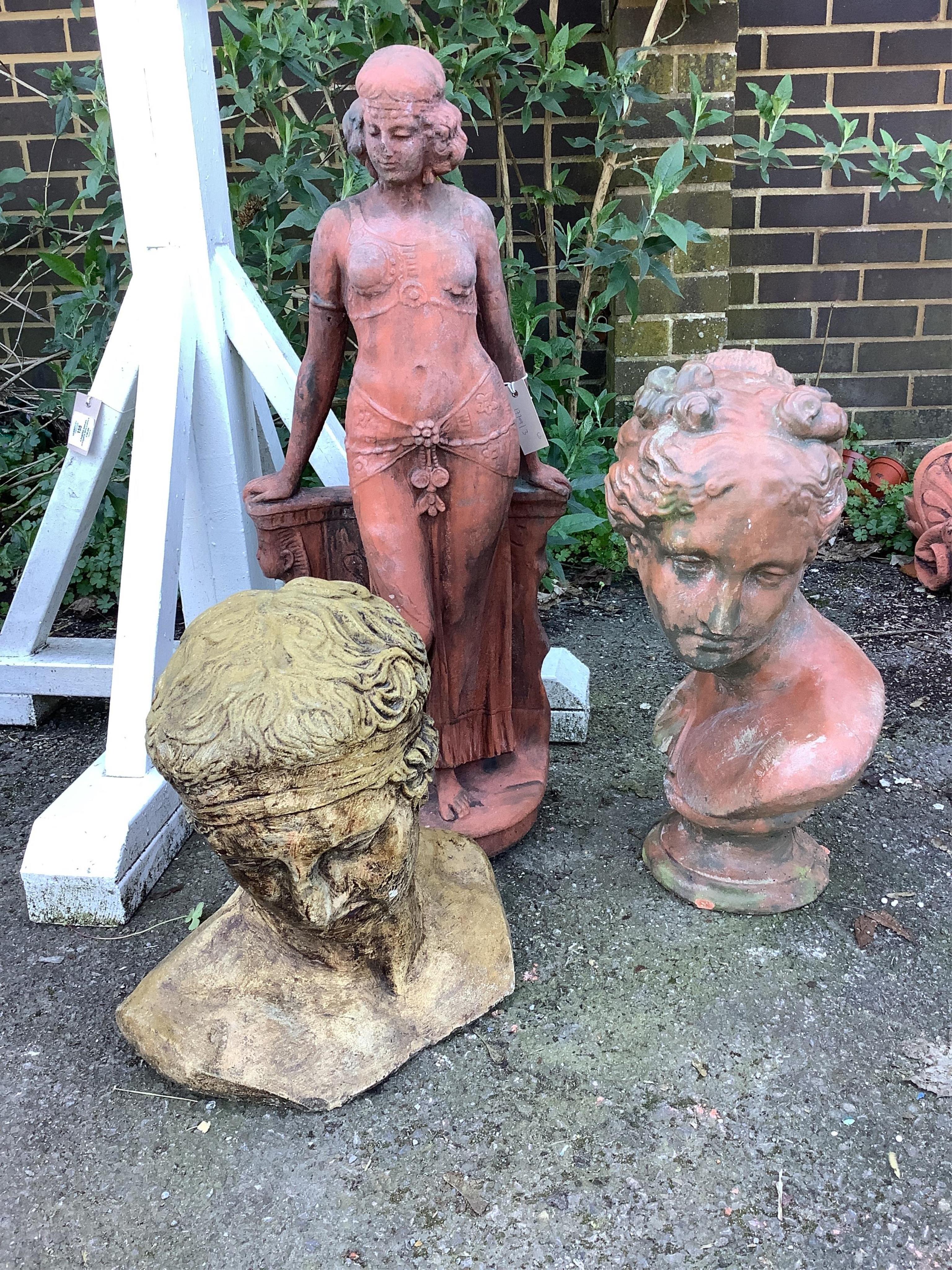 Three cast garden ornaments, largest height 76cm. Condition - fair to good